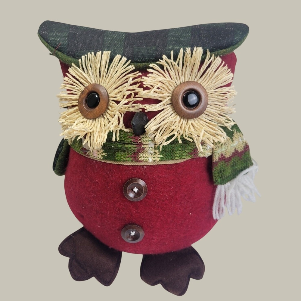 Fabric Owl Figurine Rustic Farmhouse Harry Potter Fantasy Decor Red Green